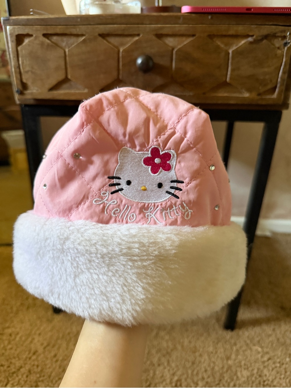 Sanrio Hello Kitty Quilted Pink Hat with White Faux Fur Cuff